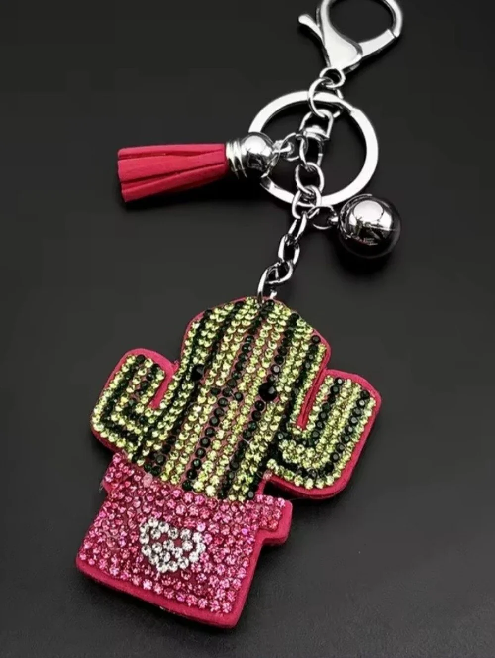 Western Cactus Crystal Rhinestone Keychain Bag Charm With Pink Tassel